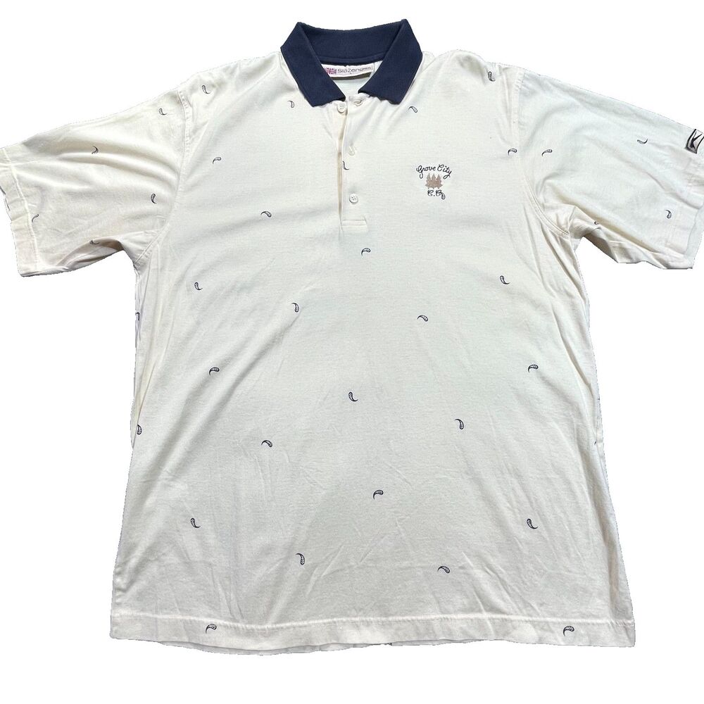 Vintage Slazenger Polo Mens Large Grove Cit CC Logo Beige Golf Shirt Floral Fern